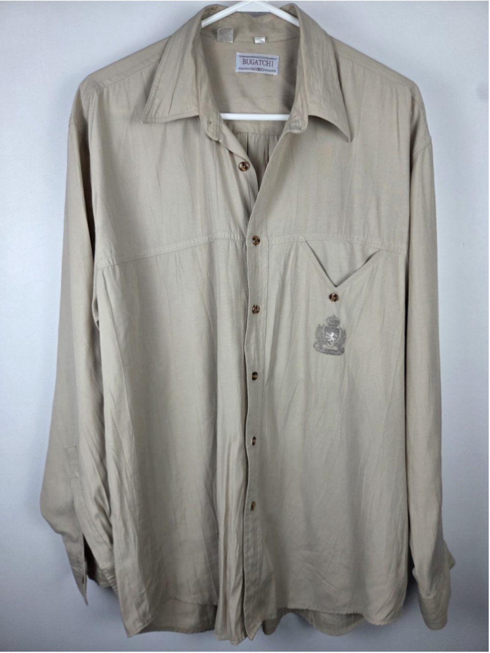 Bugatchi Uomo Long Sleeves Men Dress Shirt Medium Beige With Embroided Logo